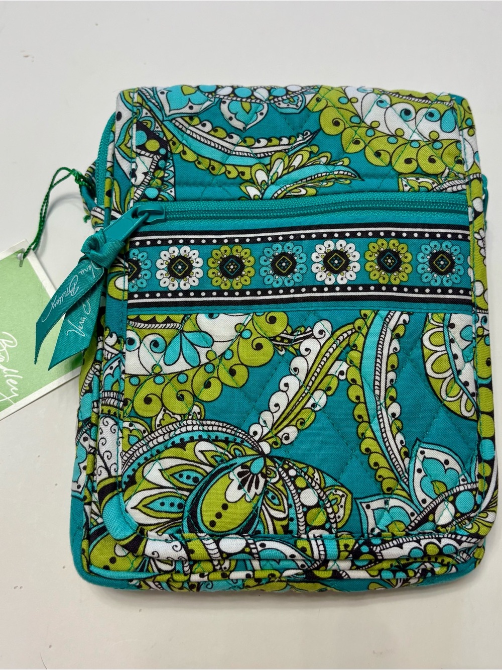 Vera Bradley Teal, Lime and White Paisley Quilted Crossbody Case